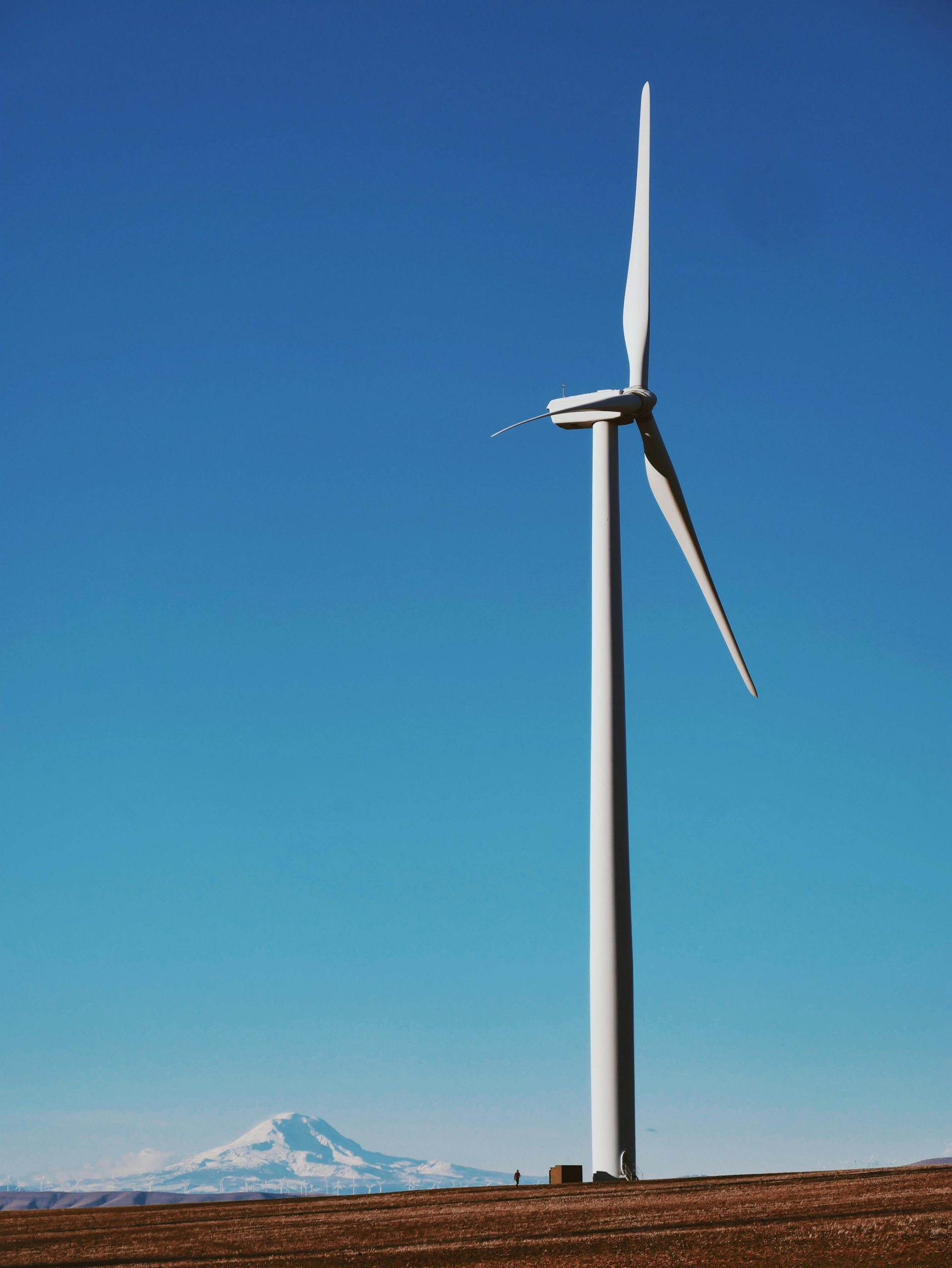 A wind turbine in a rural landscape under a vibrant blue sky, symbolizing renewable energy.